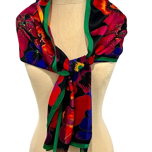 Vintage Ellen Tracy Rectangular Silk Scarf - Black with Vibrant Floral 58"L - Picture 2 of 6